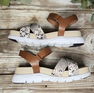 Cole Haan Zero Grand Python Print Crossed Leather Strap Brown Beige Sandals Sz8